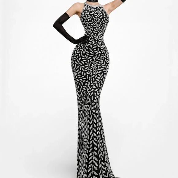 Vintage Y2K Black White Gray Floral Beaded Maxi Bodycon Formal Dress M - Picture 1 of 9